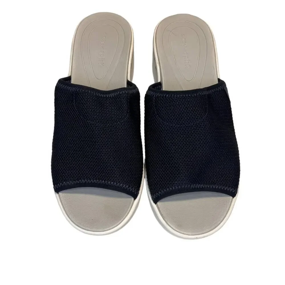 Easy Spirit peep-toe Wedge Sandal, Slip on, Navy Blue Fabric, Women's 8.5m